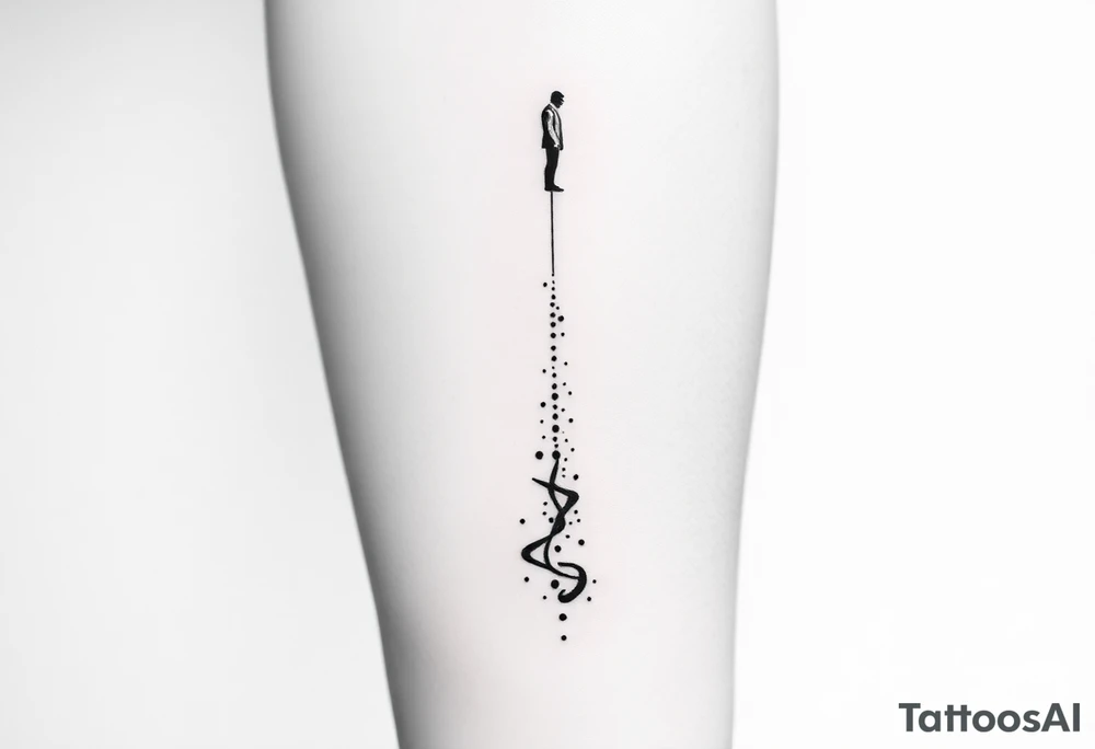 Black-ink minimalistic forearm tattoo symbolizing father watching over son and continuation of his legacy. Central design: fragmented path at bottom becoming solid as it rises. Along the path, particle-like dots flow upward, symbolizing father’s energy cheering the son on. At top, faint abstract father figure made of lines and particles, integrated into composition. Include Roman numerals VI·IV·MMXXIII and optional phrase “Building what he couldn’t”. Fine-line minimal style, vertical forearm layout, clean, emotionally powerful, black ink only tattoo idea