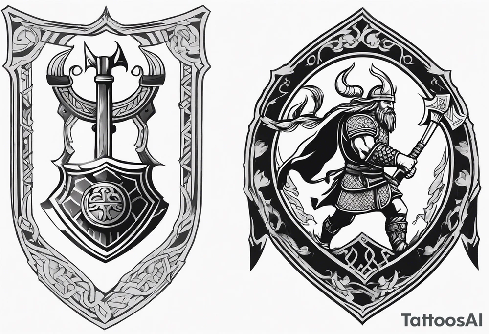 Create sleeve Tattoo of  a viking warrior with a shield and axe and on the shield have a old lion from a coat of arms tattoo idea