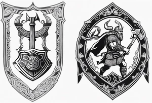 Create sleeve Tattoo of  a viking warrior with a shield and axe and on the shield have a old lion from a coat of arms tattoo idea