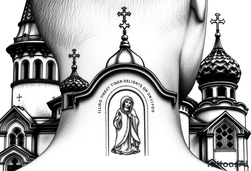 Flowing Scene

A onion domes orthodox church
Virgin Mary in prayer pose on the front doors of the russian orthodox church 
A small double headed russian coat of arms eagle or just the star tucked above the dome near the hairline tattoo idea