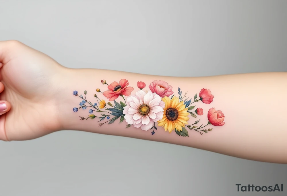 Small watercolour style bunch of wild flowers including lillium orientalis, sunflowers, poppies and peonies to be placed on forearm. Use the watercolour style with no outline on the florals. tattoo idea