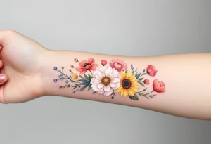 Small watercolour style bunch of wild flowers including lillium orientalis, sunflowers, poppies and peonies to be placed on forearm. Use the watercolour style with no outline on the florals. tattoo idea