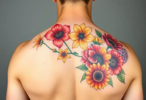 6 Vintage star gazer lillies some yellow some red wild roses and sunflowers and hydrangea to sleeve right arm tattoo idea