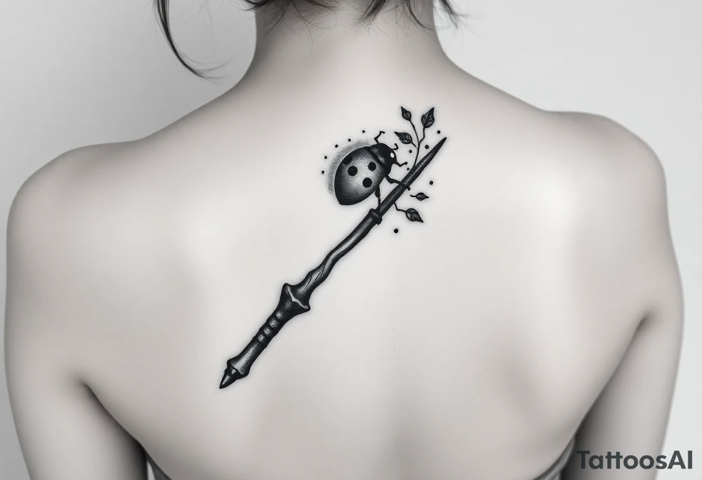 A ladybug getting out of hermione's magic wand like it was a spell. Magic dust all around the wand that looks almost smoky. I also want some small details around it that would make a piggyback on harry potter's movie like harry's glasses, a lightning, the golden snitch, etc... tattoo idea