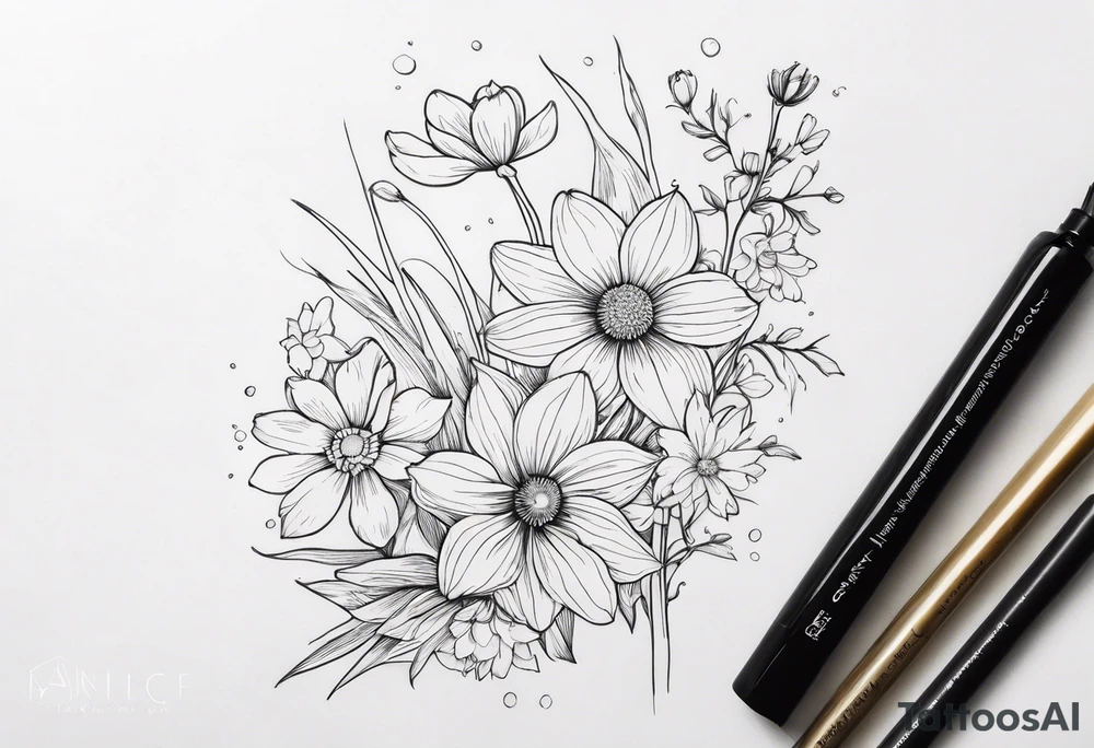 Narcissus, Chrysanthemum, Cosmos, snow drop that shows all the flower stems for the back of the arm. Fine line tattoo idea
