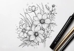 Narcissus, Chrysanthemum, Cosmos, snow drop that shows all the flower stems for the back of the arm. Fine line tattoo idea