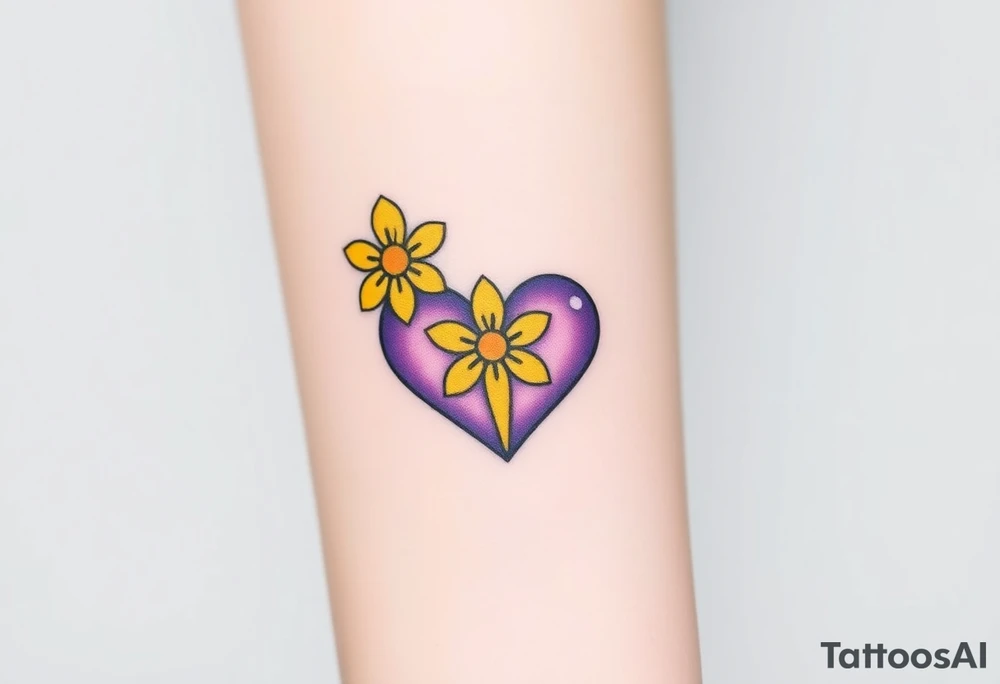 simple with Purple Hearts with yellow daisy with cross tattoo idea