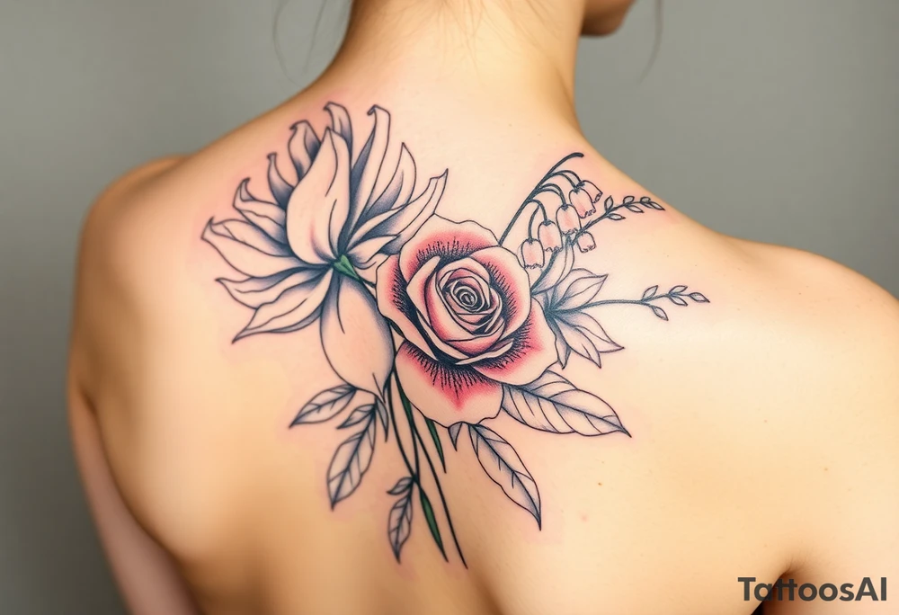 Bouquet of flowers with a carnation, rose, Lily of the valley, delphinium with stems Starting upper middle back to right shoulder tattoo idea