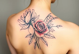 Bouquet of flowers with a carnation, rose, Lily of the valley, delphinium with stems Starting upper middle back to right shoulder tattoo idea