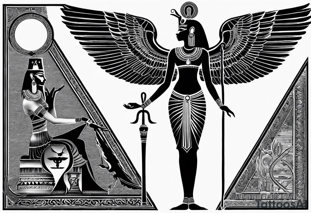 black and white Egyptian goddess Isis, who is often depicted as a woman with outstretched wings, holding an ankh (a symbol of life) in one hand and a lotus flower in the other. Her headdress often includes a throne or a solar disk. The tattoo design can vary in style and size, but it typically aims to capture the essence of this revered Egyptian deity, emphasizing her beauty, power, and maternal qualities. The choice of colors and additional elements can also be customized to create a unique and visually striking representation of the goddess Isis tattoo idea