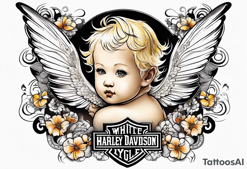 white, blonde cherub with harley davidson logo wings with butterflies tattoo idea