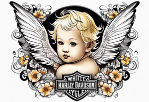 white, blonde cherub with harley davidson logo wings with butterflies tattoo idea