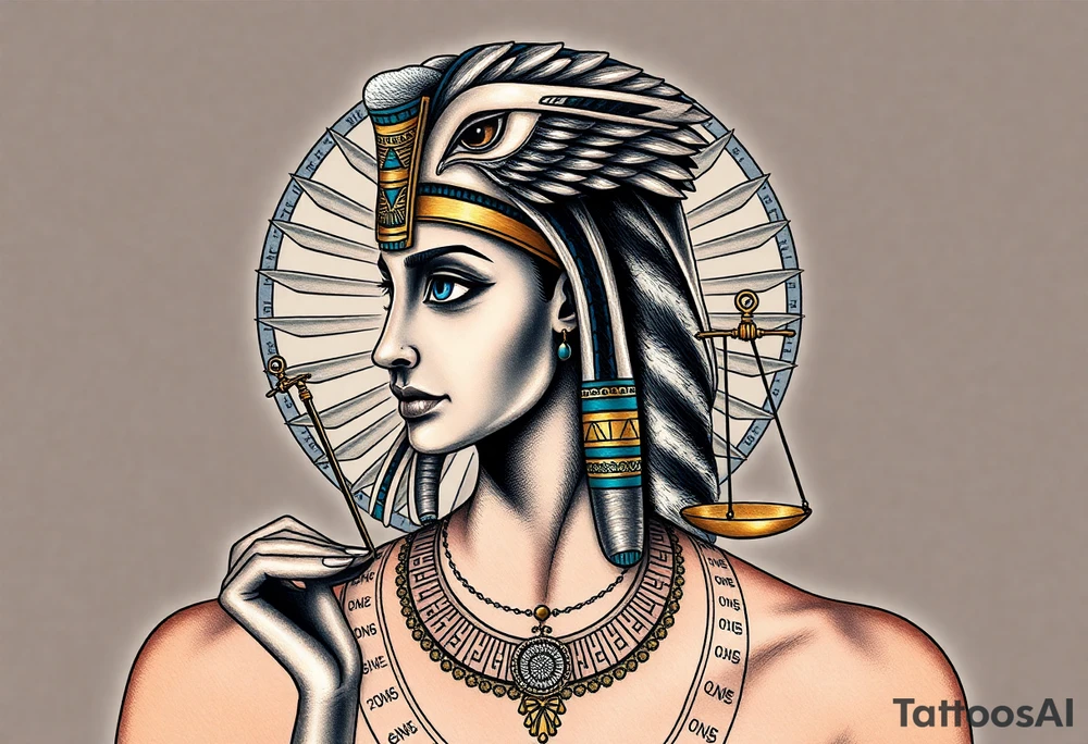 Super realistic tattoo design of the Egyptian goddess Ma’at, depicted as a serene and regal woman with an elegant ostrich feather on her head symbolizing truth and balance, wearing traditional ancient Egyptian attire with intricate gold and turquoise jewelry, holding scales of justice in one hand. The design features detailed facial features with soft natural lighting, realistic skin texture, and subtle shading to emphasize depth and dimension. Background elements include faint hieroglyphics and cosmic symbols representing order and harmony. Style: hyper-realistic, high detail, focused on symbolism and spiritual essence, suitable for upper arm or chest tattoo. tattoo idea