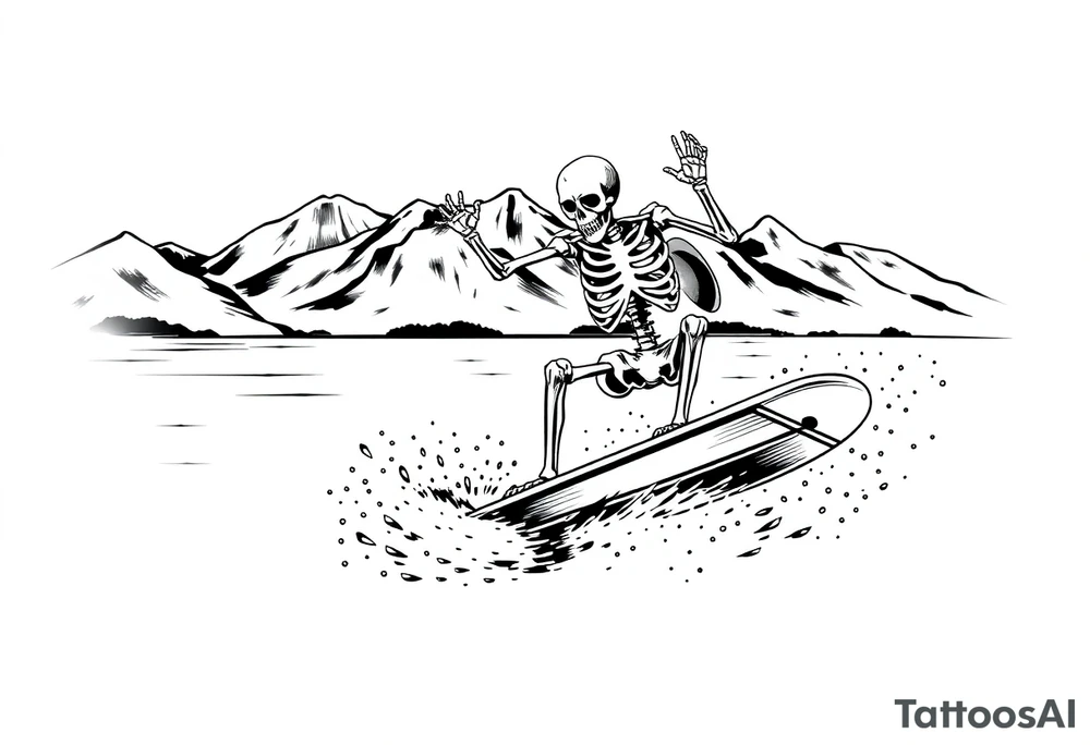 skeleton wakeboarding on lake, holding onto wakeboard handle with one hand, other hand in the air, 
mountains in the background tattoo idea