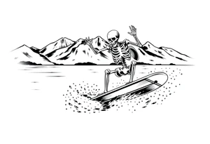 skeleton wakeboarding on lake, holding onto wakeboard handle with one hand, other hand in the air, 
mountains in the background tattoo idea