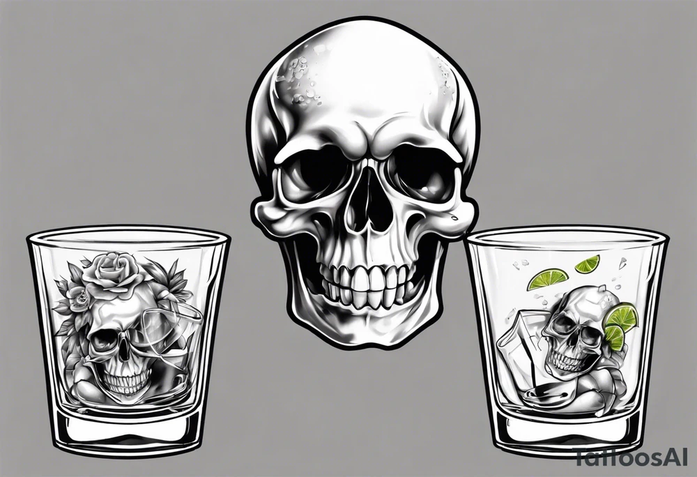 A smiling looking to the left scull inside the glass with alcohol and piece of lime tattoo idea