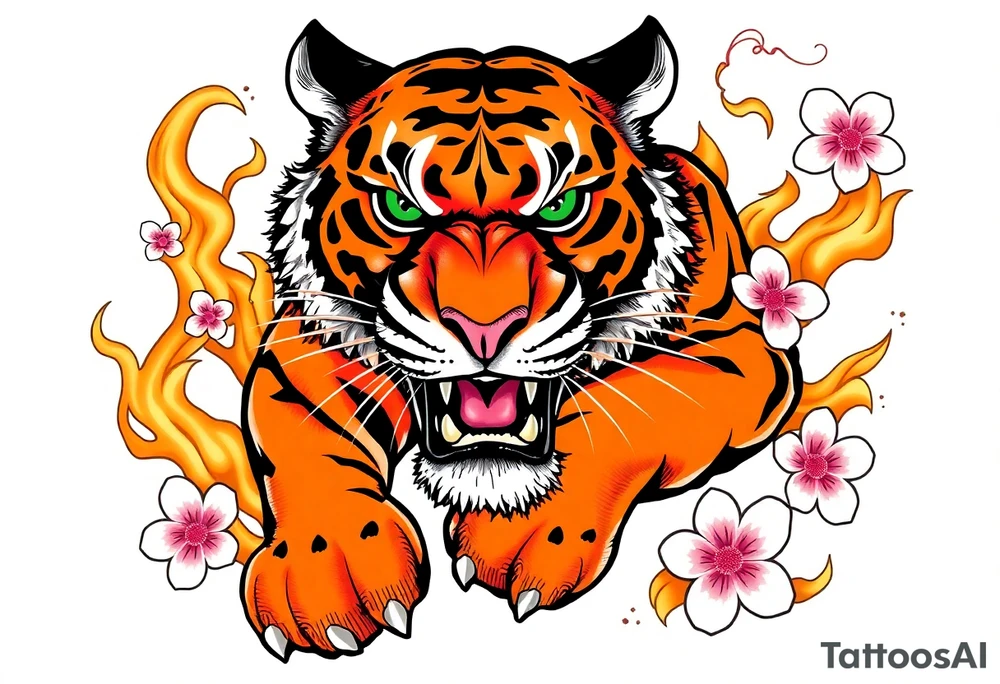 A fierce and majestic tiger, mid-roar, with piercing emerald-green eyes and bold orange-and-black striped fur. Its powerful muscles are accentuated by intricate shading, giving it a lifelike presence. Surrounding the tiger are swirling golden flames, symbolizing strength and resilience, while delicate cherry blossom petals in soft pink and white float around, representing balance between power and grace. tattoo idea