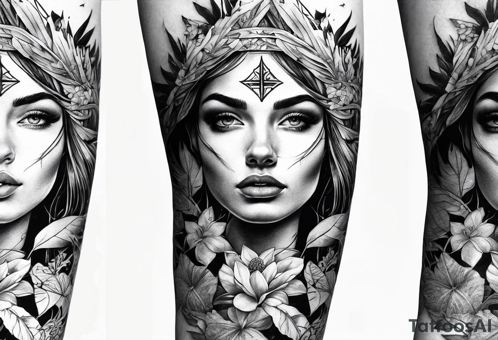 arm sleeve tattoo with the solar cross surrounded by jungle plants tattoo idea