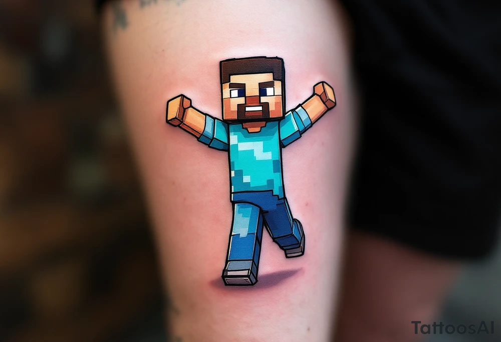 Small Minecraft Steve tattoo more vibrant colors more cartoonish walking straight legs very very small tattoo idea