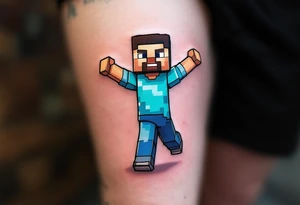 Small Minecraft Steve tattoo more vibrant colors more cartoonish walking straight legs very very small tattoo idea