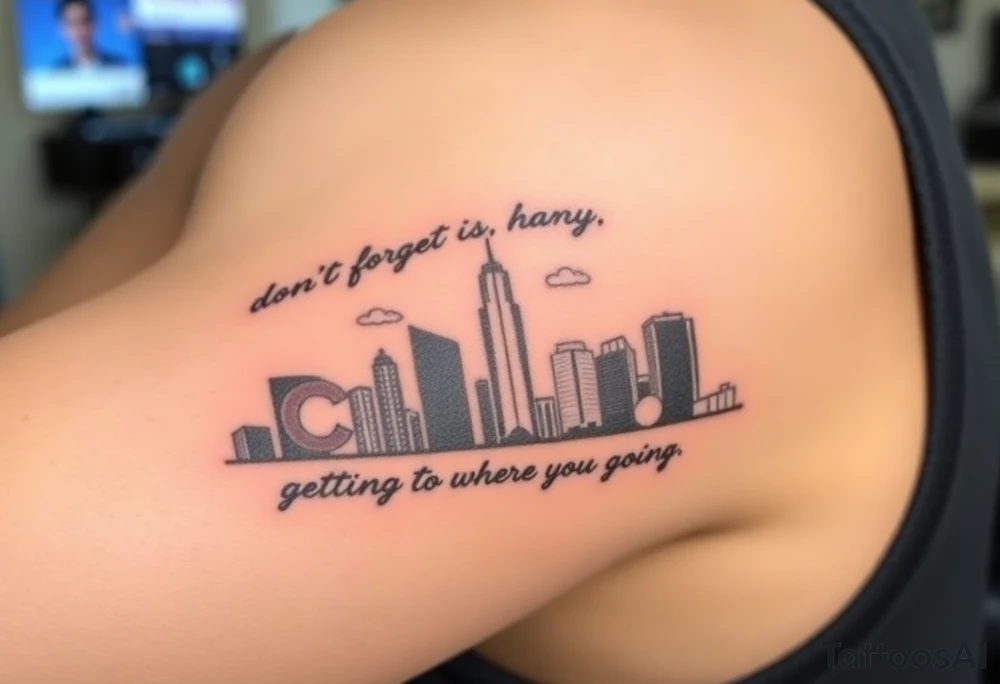 I want you to create me a tattoo that says “don’t forget where you come from” and under that I want to Cleveland skyline the Cleveland Cavaliers logo, the Cleveland Browns logo and the Cleveland Indians logo underneath that I want it to say “getting to where you’re going” and under that I want the Houston skyline and behind the Houston skyline I want The Houston Rockets, the Houston, Texans and the Houston Astros logos tattoo idea