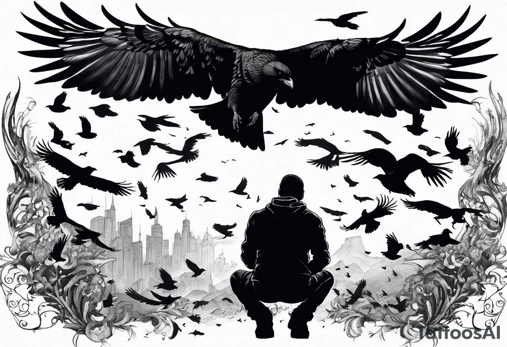 Silhouette of a man on his hands and knees bent over with crows coming out his back flying away. tattoo idea