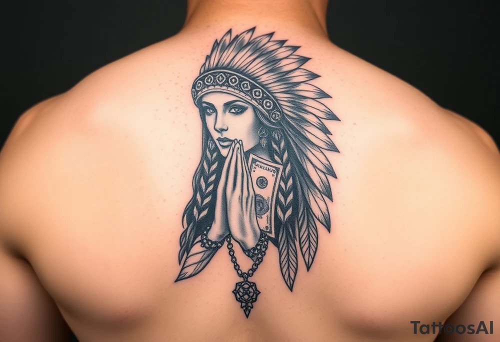 Female indian with wolf headress praying hands 100dollar bills tattoo idea