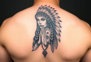 Female indian with wolf headress praying hands 100dollar bills tattoo idea