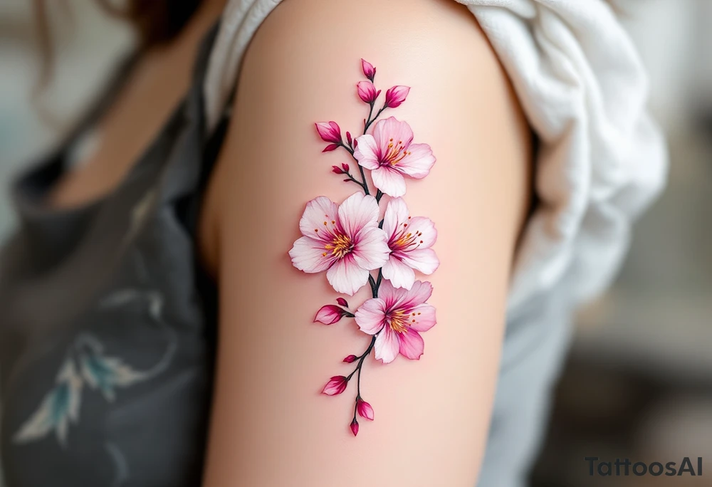 Three delicate cherry blossoms falling together in white, light pink, and magenta, symbolizing fleeting but beautiful shared moments. tattoo idea