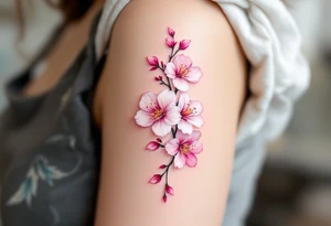 Three delicate cherry blossoms falling together in white, light pink, and magenta, symbolizing fleeting but beautiful shared moments. tattoo idea