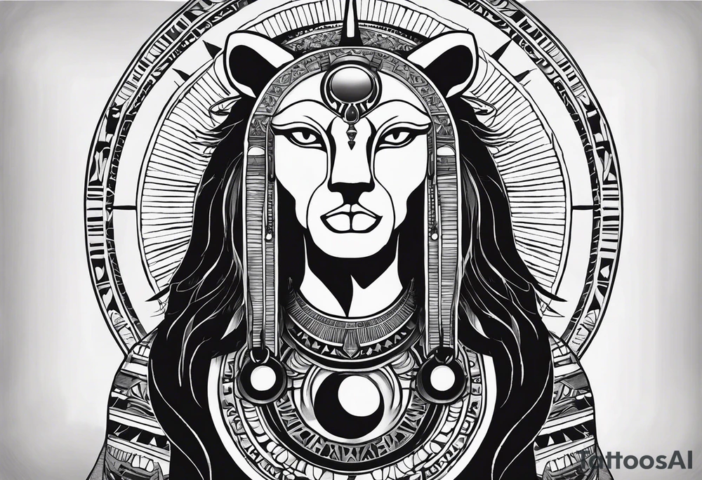 Full body of Ancient Egyptian goddess sekhmet, lioness head with black sun disk above her head and woman's body. She looks straight ahead and ready for battle looking fearless and powerful holding an ankh in one hand and a papyrus sceptre in another, she has long hair flowing tattoo idea
