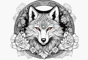 kitsune japonesa em forma de raposa com sua máscara e as fases da lua, corpo inteiro da raposa tattoo idea