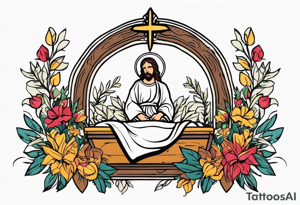 jesus in manger

old school vintage simple traditional design with vintage flowers surrounding it bold color simple tattoo idea