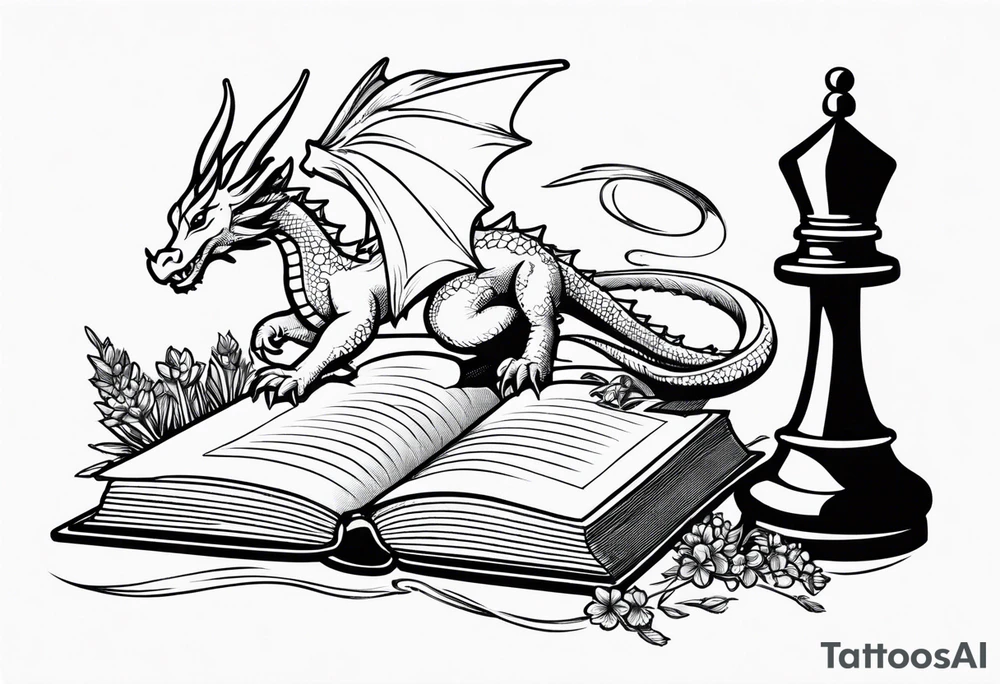 an open book. Above the book, a small dragon, flies. a pawn chess piece. Below the book, a cluster of lavender flowers tattoo idea