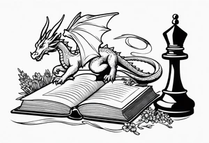 an open book. Above the book, a small dragon, flies. a pawn chess piece. Below the book, a cluster of lavender flowers tattoo idea