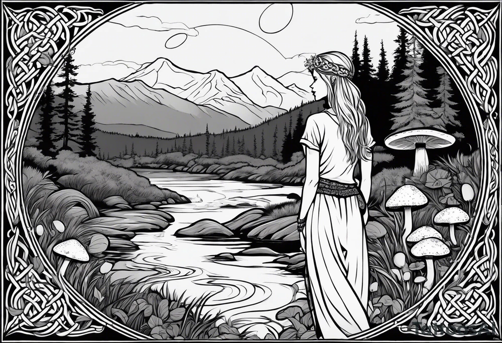 Whole picture encircled fully

Straight long blonde hair hippie girl in distance holding mushrooms in hand facing away toward mountains and creek surrounded by mushrooms long sleeve shirt and hiking pants; whole rendering within a full celtic circle border, no cut off circle tattoo idea