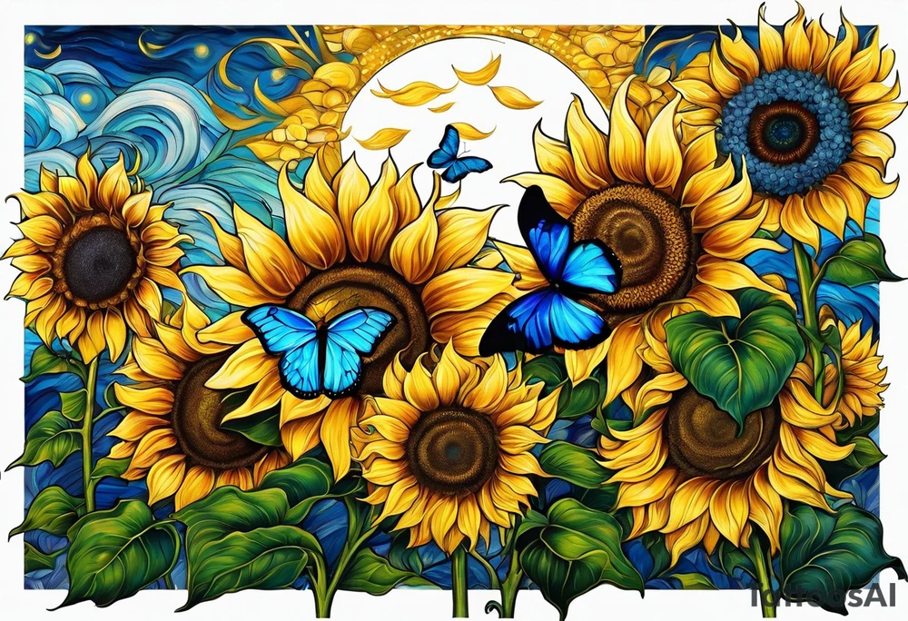 Sunflowers, full moon, blue morpho butterflies, cross tattoo idea
