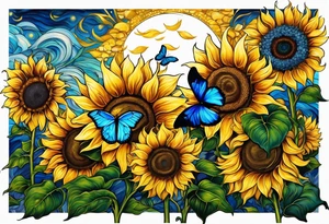 Sunflowers, full moon, blue morpho butterflies, cross tattoo idea