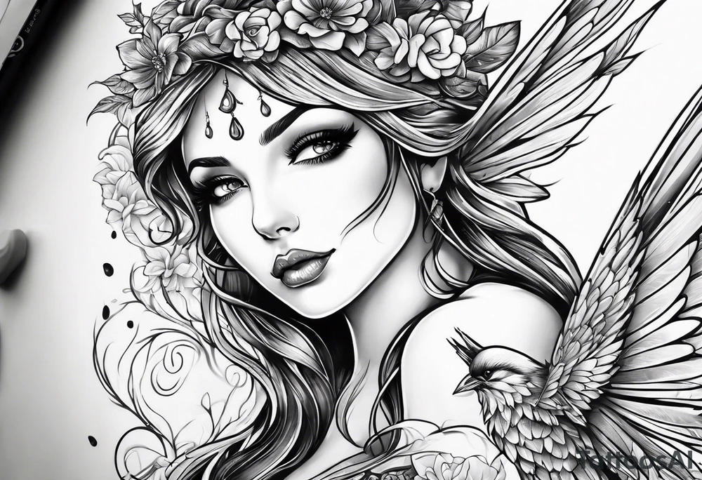 Fairy, bird and pennies tattoo idea