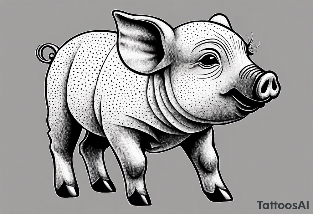 very cute happy piglet.
outline only.
black and white only.
only show the piglet. no extra lines or decoration.
no black shading.
dont make the ears too big.
draw very thin lines tattoo idea