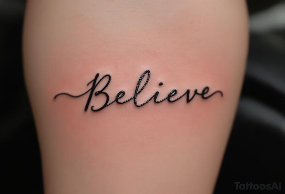 A delicate "Believe" in silver, intertwined with tiny feathers in soft white, symbolizing freedom and trust in the journey. tattoo idea