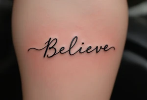 A delicate "Believe" in silver, intertwined with tiny feathers in soft white, symbolizing freedom and trust in the journey. tattoo idea