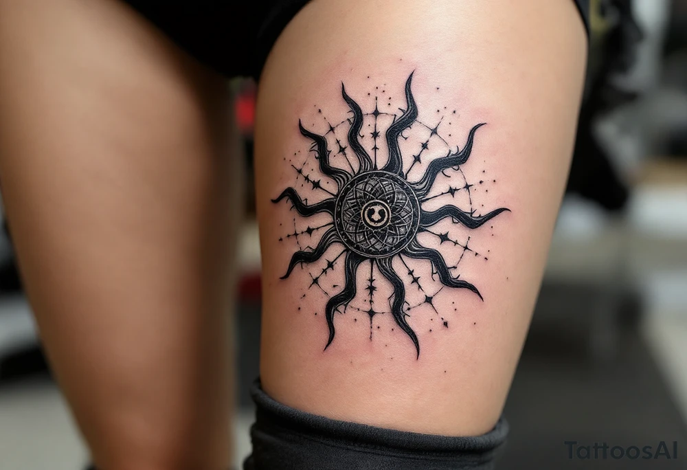 A bold black Kolovrat symbol spins with eight arms, representing the eternal cycle of life and Slavic sun worship. tattoo idea