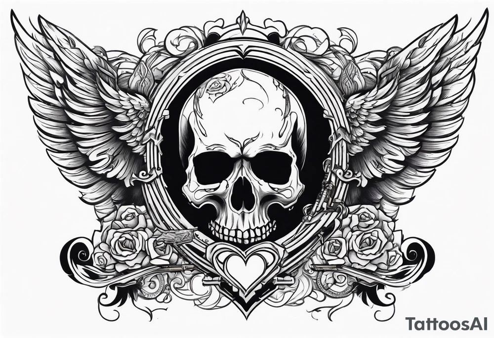 skull with a gun dominated by a  heart with wings and  flames coming out of the top of it tattoo idea
