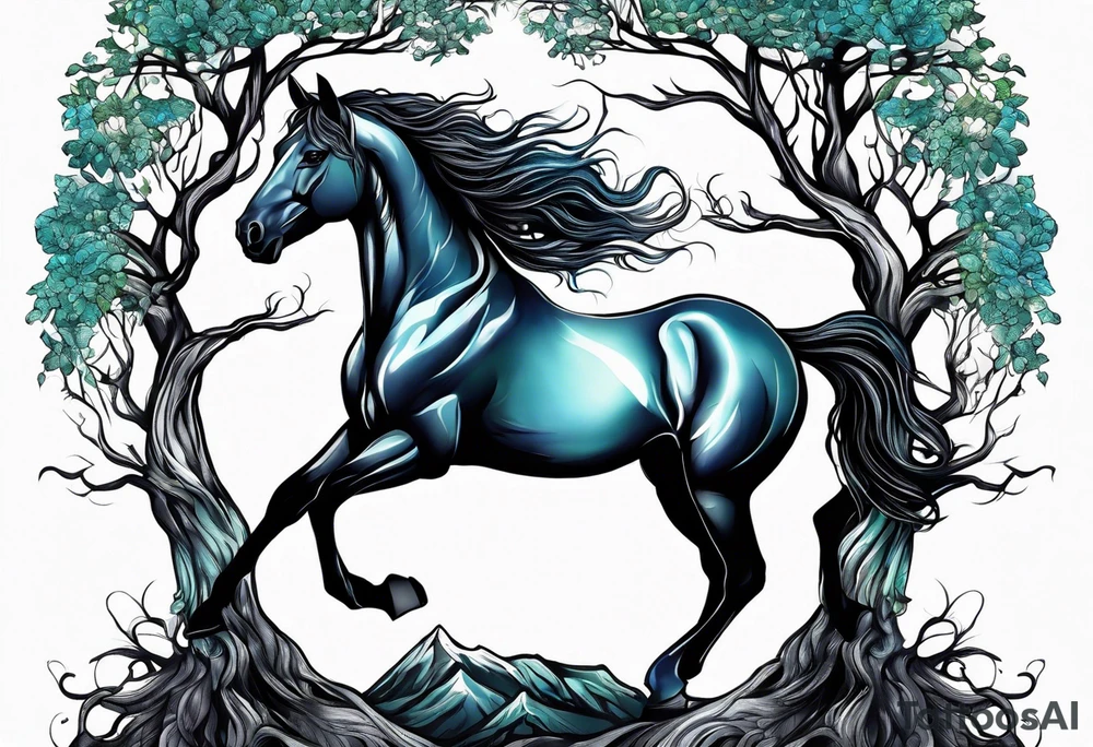Realistic Horse and Yggdrasil tree tattoo idea