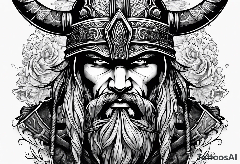half face of a viking and half face of samurai tattoo idea