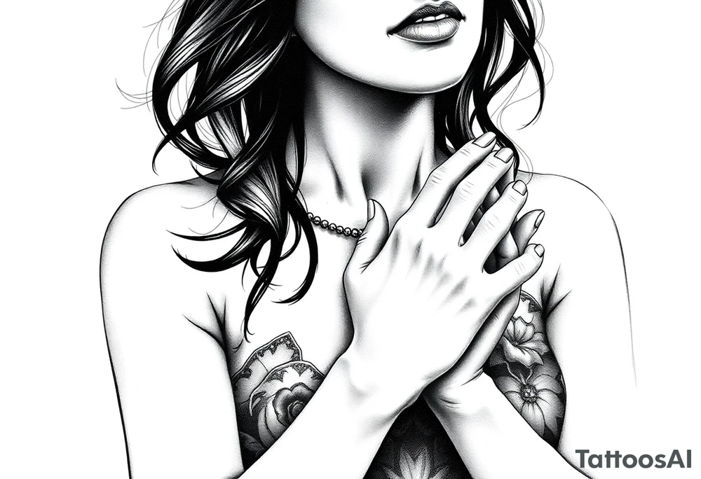 Woman praying with rosary tattoo idea