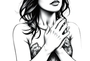 Woman praying with rosary tattoo idea