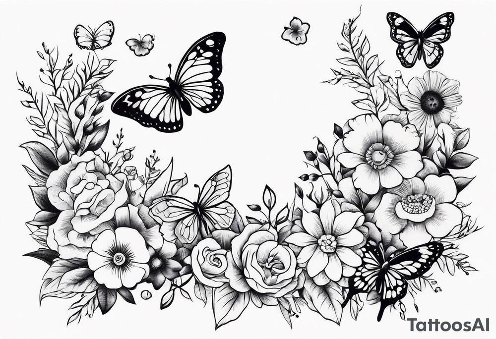 Life to death sleeve with butterflies and flowers tattoo idea