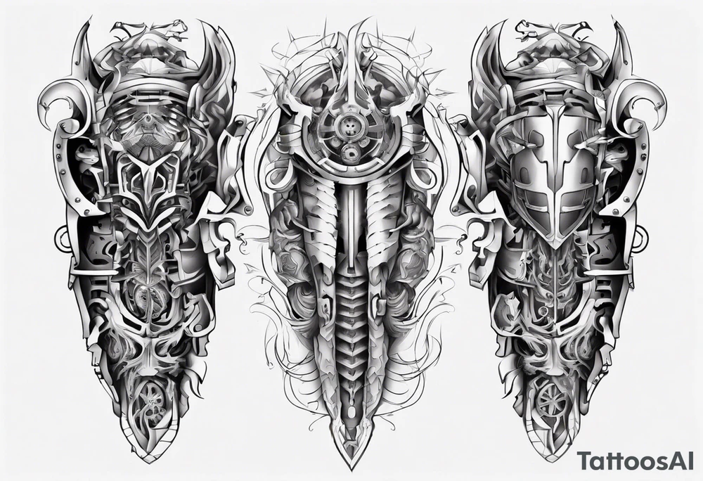 Leg armor mechanical symmetrical tattoo idea
